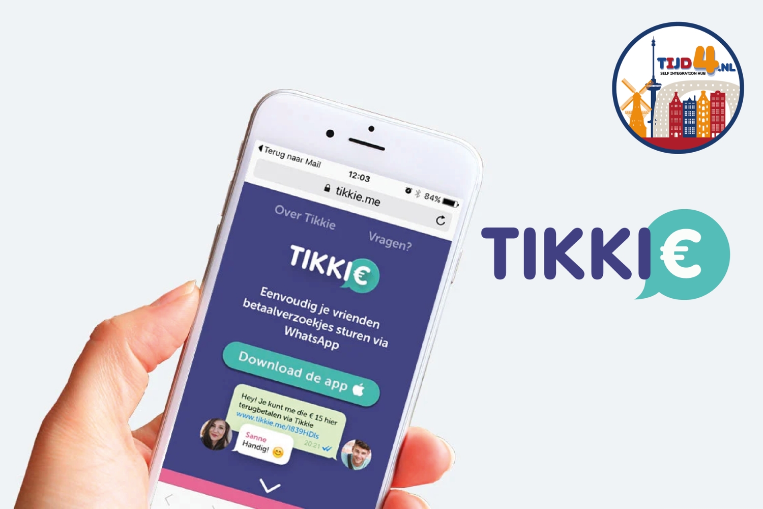 Een afbeelding van de webpagina van de Tikkie-app op een telefoon