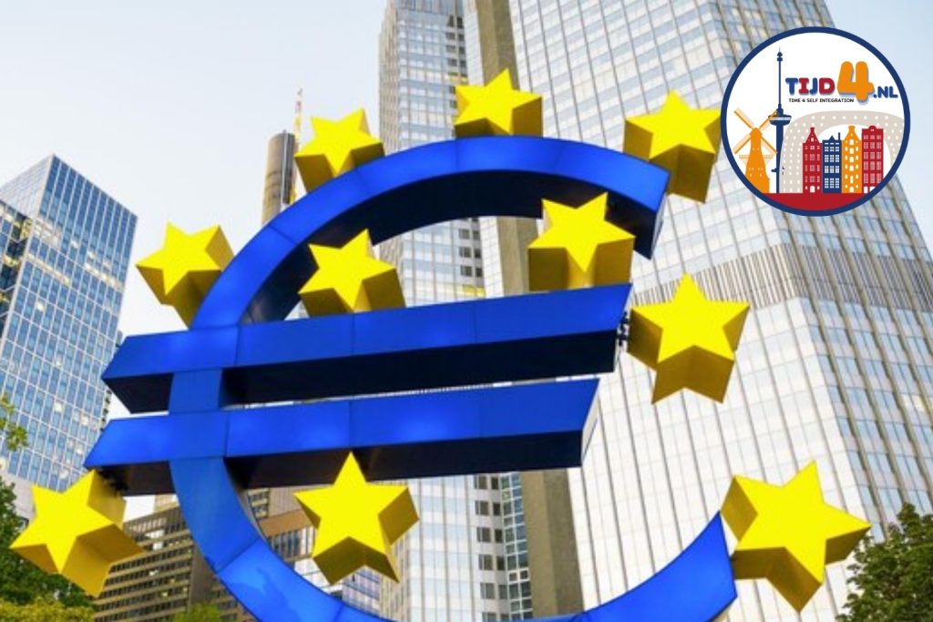 Afbeelding met wolkenkrabbers op de achtergrond en een groot euroteken omringd door de sterren van de Europese Unie op de voorgrond