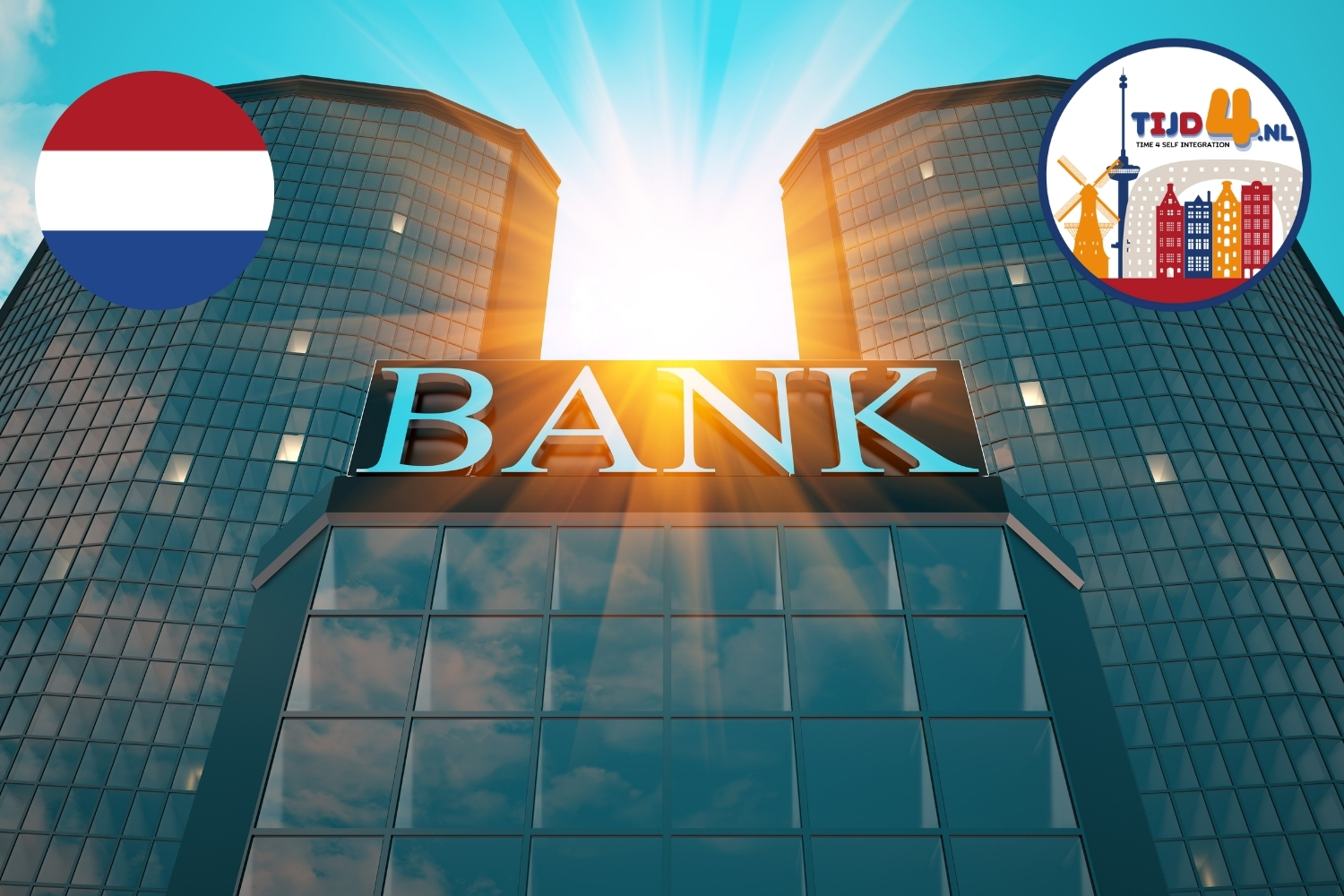 Afbeelding van een groot bankgebouw met de Nederlandse vlag in de linkerbovenhoek en het logo van TIJD4.NL in de rechterbovenhoek