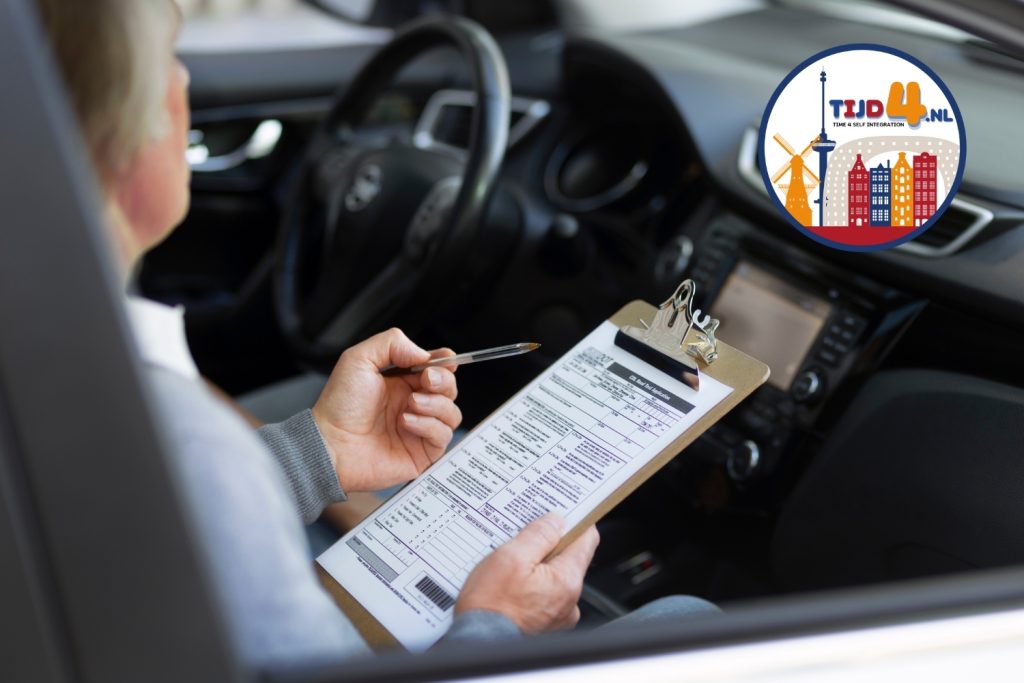 An invigilator fills out the form for the driving test of a candidate taking the driving test in the Netherlands.